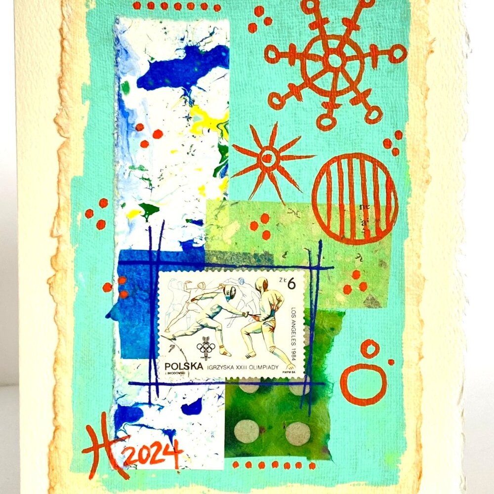 Collage Art Handmade Original Blank Greeting Card and Envelope Vtg Poland Stamp
